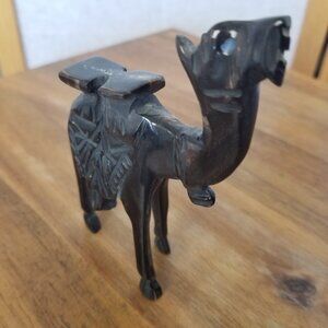 Black Camel Figurine Nativity Hand Carved Wood Resin Blue Eyes 5" High